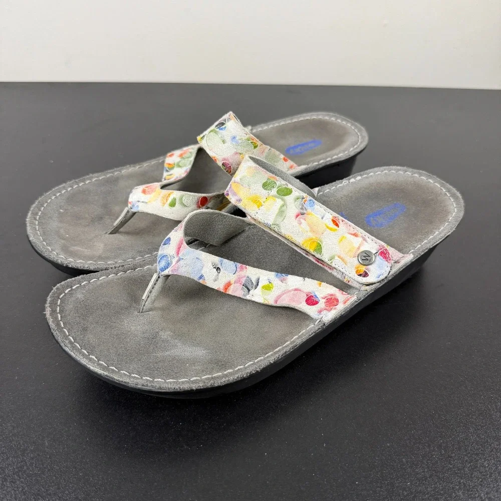 Wolky Sandals Womens 9/40 Multicolor Floral Leather Wedge Slide Thongs Casual